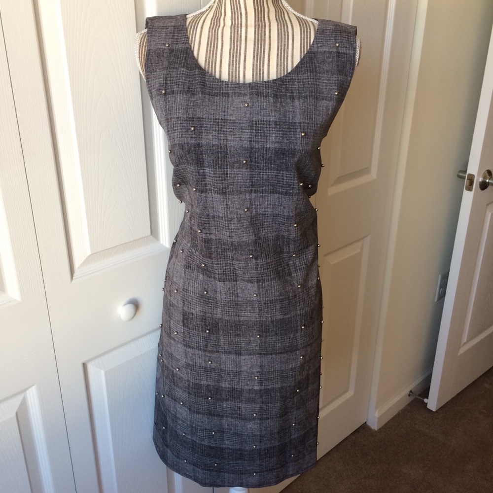 MSK grey plaid sleeveless embellished shift dress